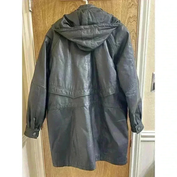 Vintage Real Leather Hooded Jacket Zip And Button Heavy Size M Pockets *Read* - Picture 9 of 16
